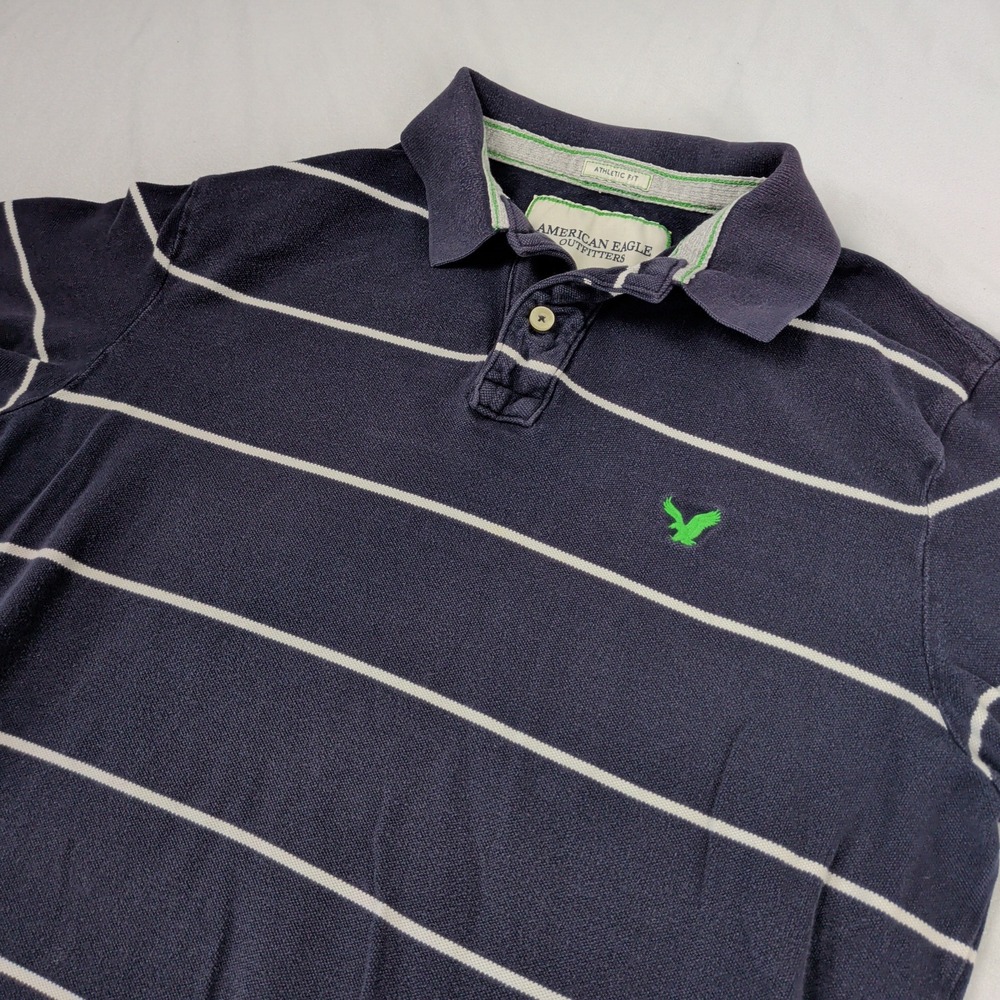 American Eagle Striped Polo Shirt Navy Blue White‎ Coastal Preppy 2010s